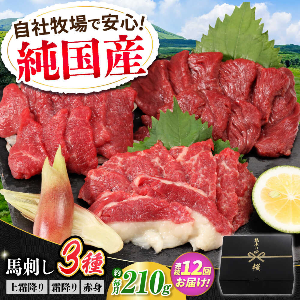 【ふるさと納税】【全12回定期便】『純国産』熊本の味 馬刺し お試し 3種 セット 計約210g（2〜3人前）上霜降り 霜降り 赤身 タレ付【有限会社 九州食肉産業】[AYCN072]