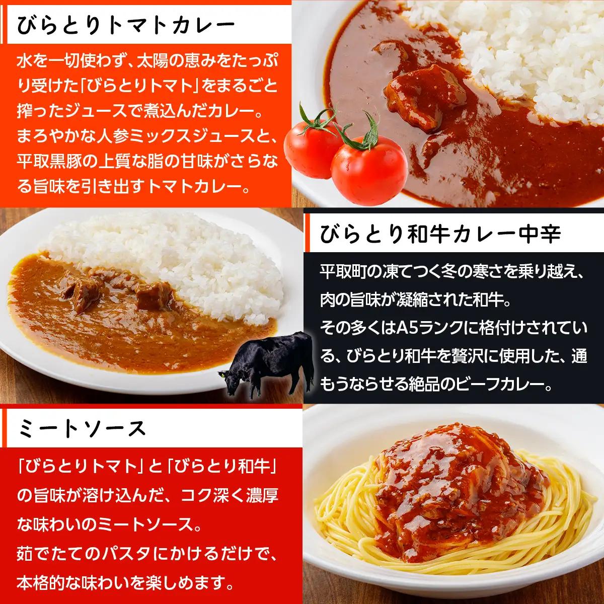 びらとり和牛カレー中辛・びらとりトマトカレー・ミートソースセット（各2箱）BRTH033