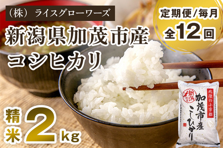 【令和8年産新米先行予約】【定期便12ヶ月毎月お届け】新潟県加茂市産コシヒカリ 精米2kg《10月上旬～順次出荷》 白米 （株）ライスグローワーズ