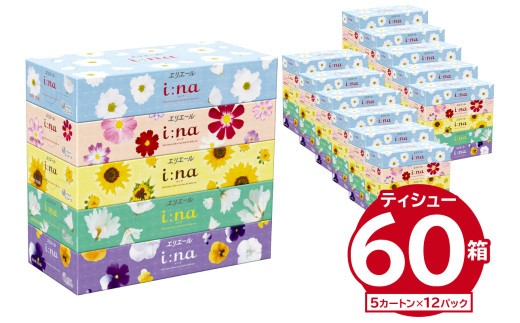 
                  エリエール i:na（イーナ）ティシュー　150W5P×12パック 【  ボックス ティッシュ ペーパー 箱ティッシュ  岐阜県 可児市 日用品 新生活 備蓄 防災 消耗品 生活雑貨 生活用品 ストック パルプ100％ 】
                
