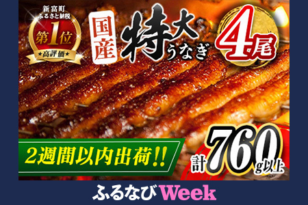 【ふるなびWEEK対象】 特大 うなぎ 鰻楽 国産 蒲焼 4尾 人気 無頭 計760g以上 高評価 おすすめ 冷凍 簡単調理 個包装 鰻 魚介 贈答品 ギフト 贈り物　【C388-760-2W-FN】　FN-Limited-WE