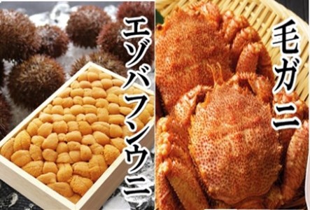 エゾバフンウニバラ詰め150g×1折、毛ガニ300g前後～400g前後×2尾[11月下旬以降発送] E-40024