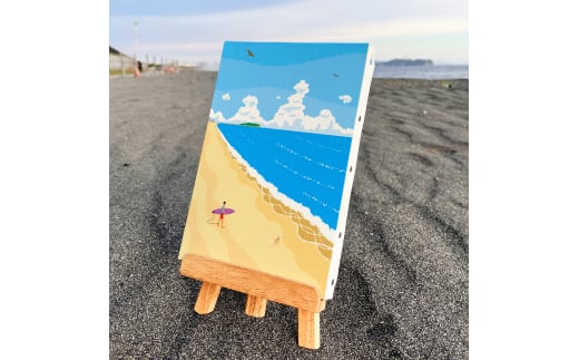 湘南・茅ヶ崎で描く、海を感じるイラストアート 『 湘南ランドスケープ05：波に向かって 』　キャンバスアートパネル（小） /絵画 風景 犬 猫