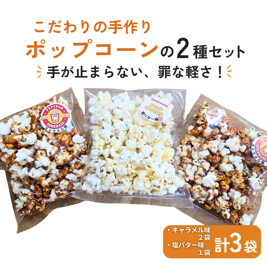 【ふるさと納税】「おトクな2種セット」　手作りポップコーン | キャラメル味（45g×2袋） 塩バター味（25g×1袋） 無添加 セット 食べきりサイズ