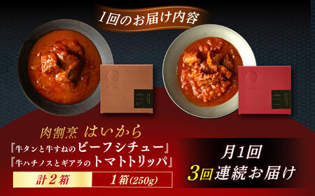 【3回定期便】【ギフト箱無しでその分お得】肉割烹はいから『牛タンと牛すねのビーフシチュー』『牛ハチノスとギアラのトマトトリッパ』/ レトルト セット 牛肉 / 恵那市 / TWO-FACE JAPAN
