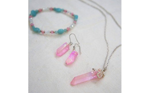 彩りハンドメイド天然石アクセサリーお揃い3点(ピアス,ブレスレット,ネックレス)セット [0063]