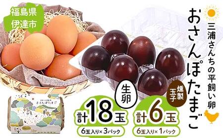 三浦さんちの平飼い卵 おさんぽたまご(生卵と燻製玉子セット) 生卵18玉入り、燻製玉子6玉入り(計24玉) 伊達市 福島県 国産 養鶏場直送 卵 たまご 玉子 生卵 鶏卵 燻製たまご F20C-956