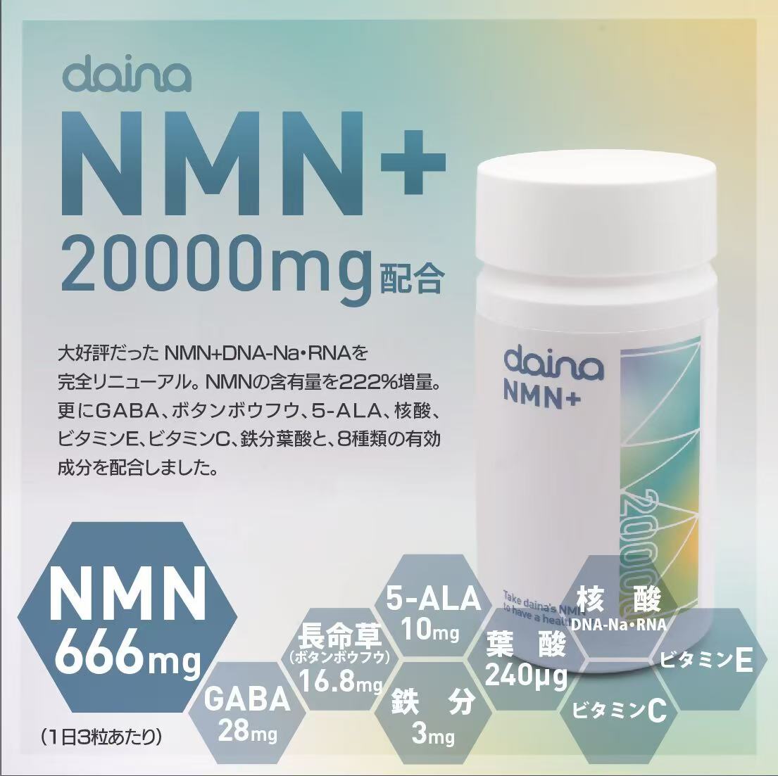 【ふるさと納税】NMN サプリメント 20000mg 日本製 国内製造 GABA ボタンボウフウ 5-ALA 核酸 ビタミンE ビタミンC クエン酸 鉄 Na 葉酸 daina NMN+ 90粒 30日 【選べる個数：1・2・3 本】　送料無料 静岡県 富士宮市