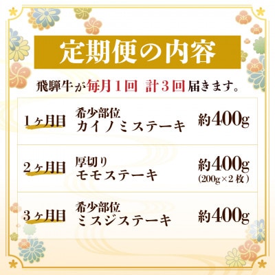 【毎月定期便】飛騨牛 ステーキ定期便 計約1.2kg【冷蔵便】全3回　A4～A5等級【配送不可地域：離島】