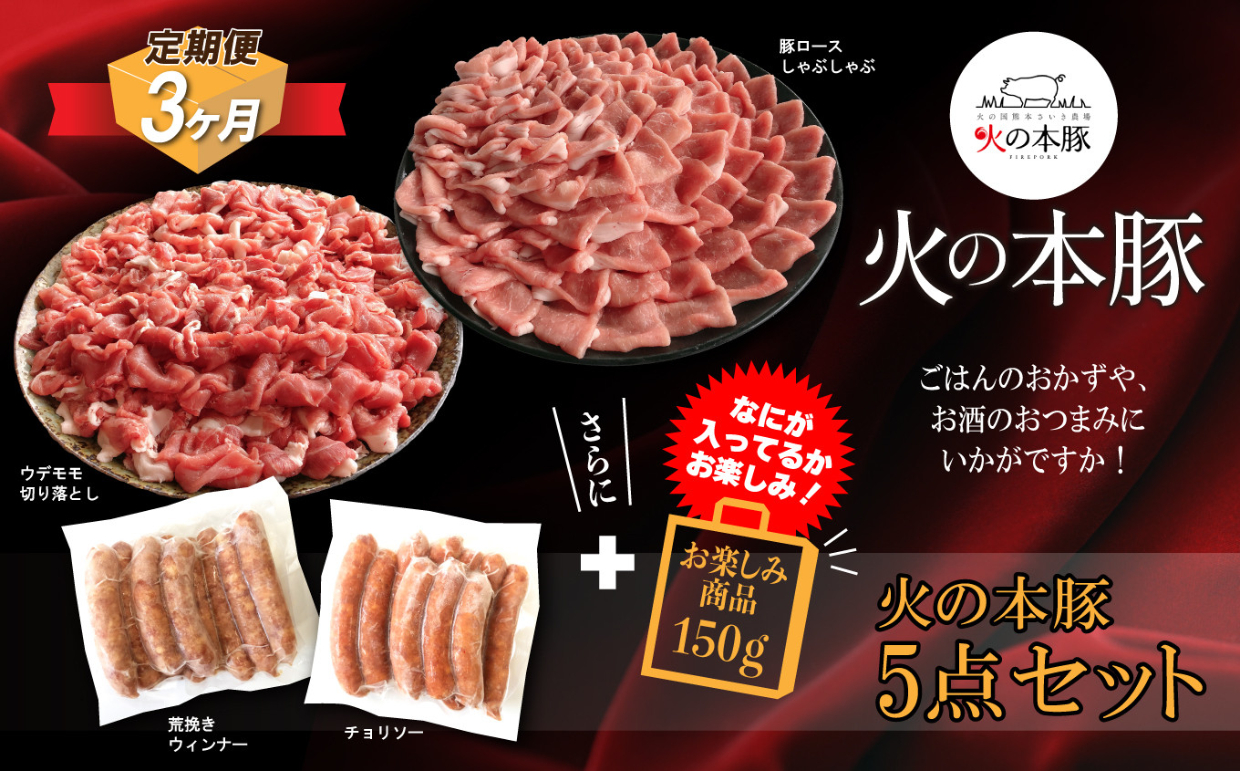 
【定期3回発送】火の本豚 詰め合わせセット 切り落とし550g しゃぶしゃぶ用ロース300g あらびきウインナー10本入 チョリソーウィンナー10本
