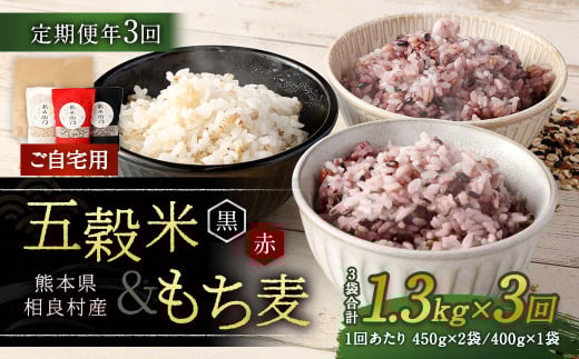 【ご自宅用】【定期便年3回】 五穀米（黒・赤）＆もち麦セット 計3.9kg（1.3kg×3回） 雑穀 穀物 国産