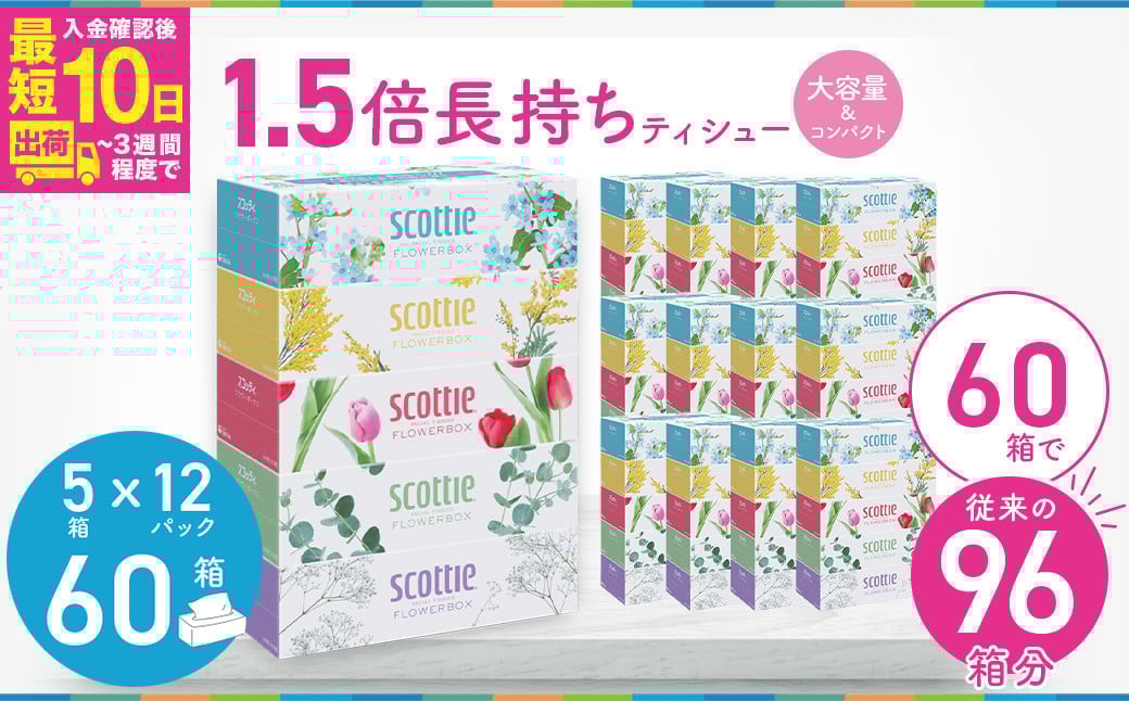 
            スコッティ ティシュー フラワーボックス 250組 60箱（5箱×12パック）【入金確認後、最短10日～3週間程度で発送】  |  大容量 長持ち コンパクト ティッシュペーパー 日用品 雑貨 大人気 日本製 日用品 ふるさと納税 ティッシュ ティッシュペーパー ふるさと納税 ティッシュ 箱 日用品 必需品 大容量 リピート 高品質 クオリティ かわいい 素敵 保管 消耗品 埼玉県 草加市 
          