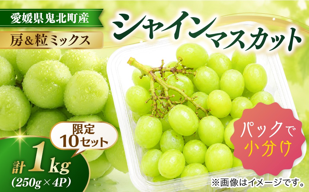 
                  【限定10個 数量限定】愛媛県鬼北町産 シャインマスカット 房＆粒ミックス 計1kg（250g×4パック）|家庭用 小分け 新鮮 甘い フルーツ 果物 フルーツ 人気 産地直送 ※2026年9月～発送
                