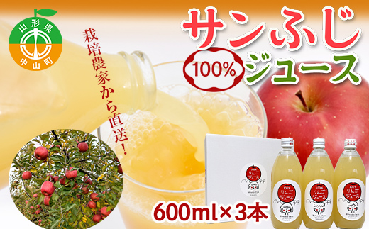 山形県中山町産 サンふじりんご100%ジュース 600ml×3本 令和7年産のりんご使用 2025年12月上旬より発送開始 渡辺ファーム リンゴ 林檎 飲料 山形県産 フルーツ 果物 くだもの F4A-0360