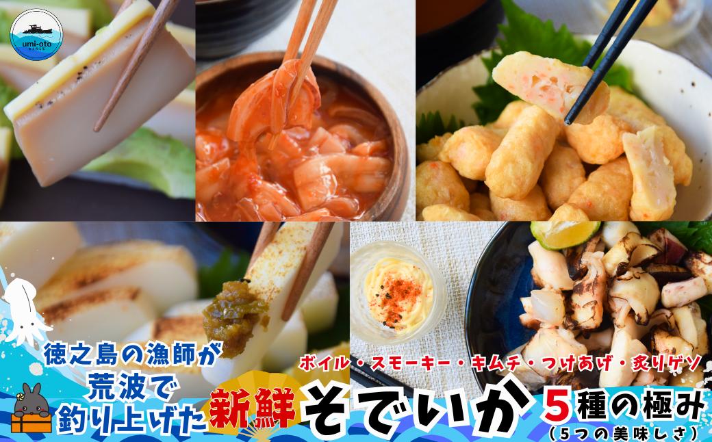 徳之島の漁師が荒波で釣り上げたそでいか 5種の極み ボイル・スモーキー・いかキムチ・つけあげ ・炙りげそ（ ５つの美味しさ ソデイカ いか イカ 大型のいか 回遊 甘い ねっとり 冷凍 新鮮 料理 徳之島 奄美 沖縄 鹿児島 海鮮 umi-otoとくのしま ）