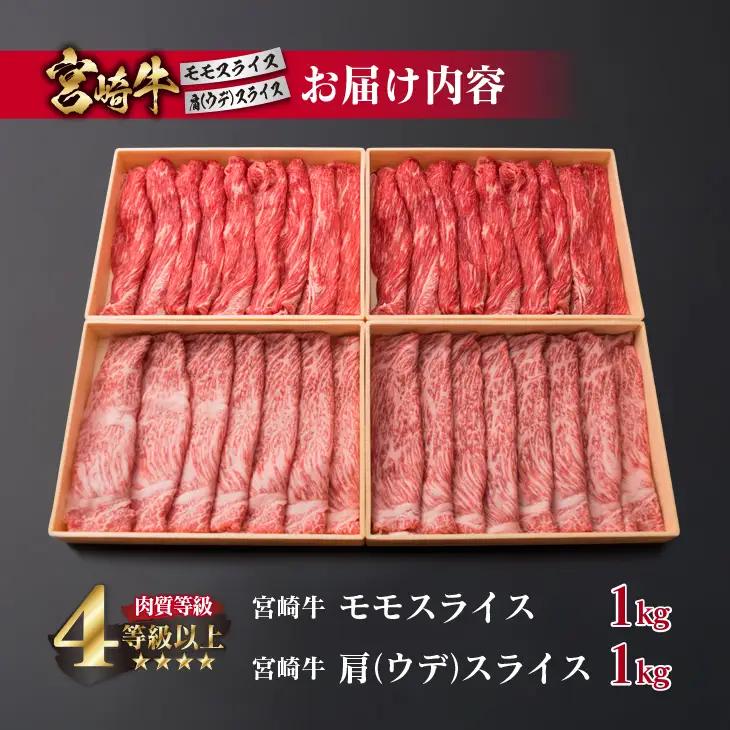 宮崎牛 モモ 肩ウデ スライス セット 合計2kg 牛肉 ビーフ 黒毛和牛 肉質等級4等級以上 国産 すき焼き しゃぶしゃぶ すきやき 焼肉 食品 ブランド牛 赤身肉 食べ比べ 贅沢 高級 ご褒美 お