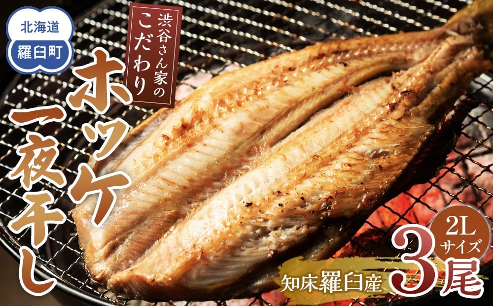 
            知床羅臼産渋谷さん家のこだわりホッケ一夜干し ２Lサイズ３尾（2Lサイズ:450g前後×3パック）
          