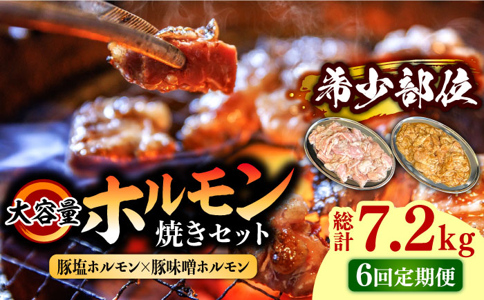 【6回 定期便 】 ホルモン 塩焼き・ニンニク味噌焼き大容量セット 総計7.2kg / ほるもん 肉 豚肉 直腸 豚テッポウ 希少部位 国産 / 南島原市 / はなぶさ [SCN142]