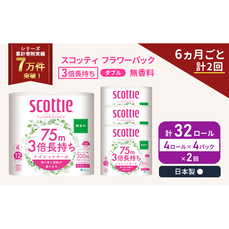 定期便 トイレットペーパー ダブル スコッティ 3倍長持ち 4ロール入 × 4パック フラワーパック 無香料 《 6ヶ月ごと 計  2回 》
