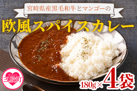 ＜108時間煮込んだカレー 冷凍真空パック 4P×180g＞宮崎県産黒毛和牛使用！108時間煮込んだ黒毛和牛とマンゴーの欧風スパイスカレー4袋！【MI228-tc】【cafe食堂とことこ】