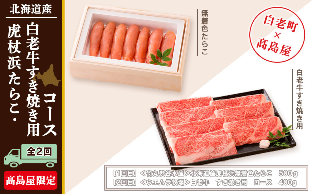 
虎杖浜たらこ・白老牛すき焼き用コース（全２回）［髙島屋選定品］【定期便・頒布会特集】
