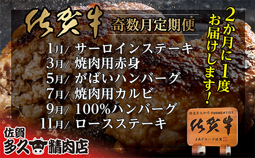 【6回定期便】佐賀牛 定期便 奇数月配送 全6回 | 牛肉 サーロイン ステーキ 焼き肉用 赤身 佐賀牛ハンバーグ 焼き肉用 カルビ 佐賀牛100％ハンバーグ ロース ステーキ _f-81