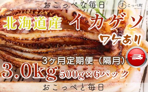 
【ワケあり】北海道産　イカゲソ3kg　隔月 3ヶ月定期便
