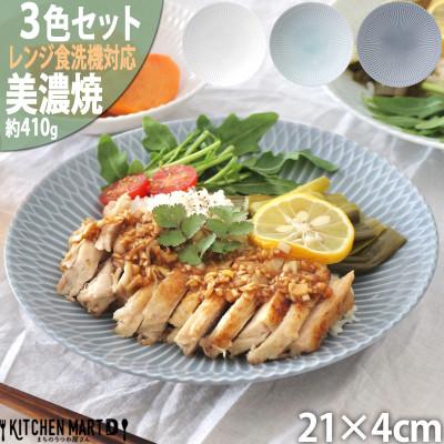 ふるさと納税 瑞浪市 【3色SET】美濃焼 さざなみ 21深皿 21×4cm プレート パスタ皿 そば皿