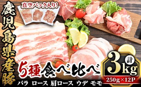 鹿児島県産「天恵美豚」豚バラ・ロース・肩ロース・モモ・ウデ(250g×12P・計3kg)【アグリおおすみ】B142