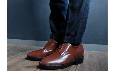 ビジネスシューズ 本革 革靴 カンガルー革 紳士靴 ウイングチップ 7cmアップ シークレットシューズ No.232 ブラウン 雑貨 日用品  BN002 24.5cm
