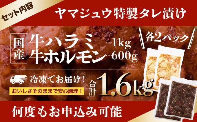 ヤマジュウの特選タレ漬け！牛ハラミ肉１ｋｇ＆国産牛ホルモン６００ｇ　yj066