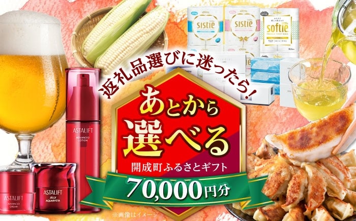 
            【あとから選べる】開成町ふるさとギフト 7万円分 あとから寄附 選べる寄附 ティッシュ トイレットペーパー 化粧品 餃子 体験 お茶 日本酒 定期便 神奈川 開成町 [BDZZ004]
          