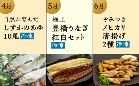 【海鮮コース】穂の国の恵み どうまい 定期便 全12回 Bコース 海鮮 ( 餃子 むき えび うなぎ おでん 鴨鍋 かも鍋 鮎 うなぎ メヒカリ ふぐ フグ メロン ジェラート フローズンヨーグルト 