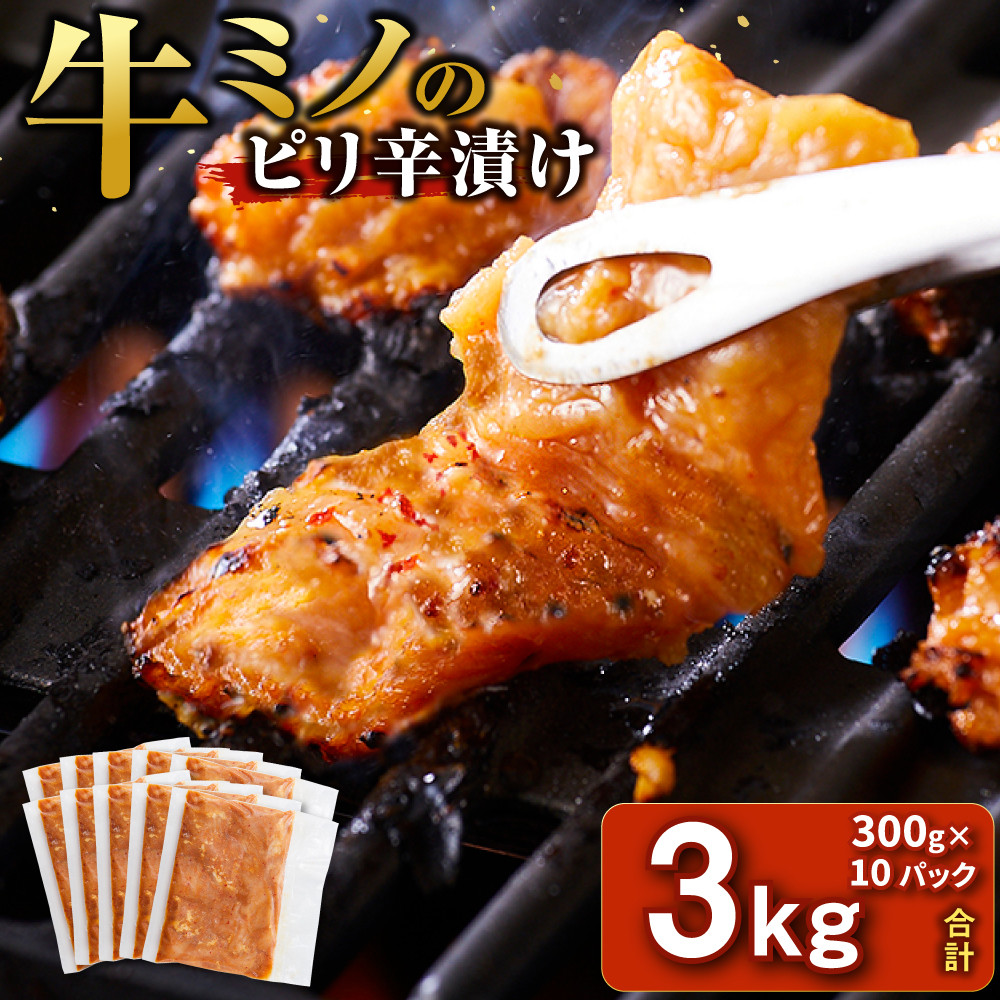 牛ミノ ピリ辛漬け 3kg ( 300g × 10パック ) 小分け 個包装 便利 牛肉 ホルモン ミノ 焼肉 焼き肉 お肉 肉 焼くだけ 冷凍 たれ 味付き BBQ アウトドア キャンプ 人気 おすすめ 神奈川 川崎【順次発送】【kw0096-0927】