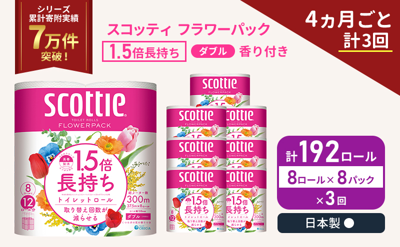 定期便 トイレットペーパー ダブル スコッティ 192ロール( 8ロール入×8パック )《4ヶ月ごと計3回》 1.5 倍巻き フラワーパック 香り付き  節約 箱買い 大量 防災 備蓄 備蓄品  日用品 トイペ セット 倍巻 トイレ 宮城 宮城県 岩沼市