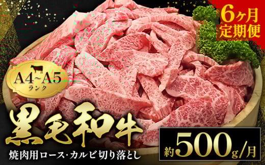 黒毛和牛 焼肉 ロース カルビ 切り落とし 500g 6ヶ月定期便 A4 ～ A5 ランク 《お申し込み月の翌月から出荷開始(土日祝除く)》 ランプ ミスジ イチボ 特上 ミシュラン 国産 肉 牛肉 黒牛 天草 苓北 熊本 産地直送 送料無料 田中畜産