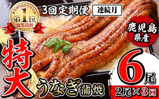 i1172-A ＜定期便・計3回(連続月)＞＼特大サイズ／鹿児島県産 うなぎ蒲焼 2尾セット＜（約220g×2・計約440g）×全3回＞ 定期便 たれ 山椒付きうなぎ 鰻 ウナギ 特大 特大サイズ 約220g 蒲焼き 国産 鹿児島県産 焼きたて 生産量日本一 真空パック おかず 晩御飯 特別な日  【薩摩川内鰻】