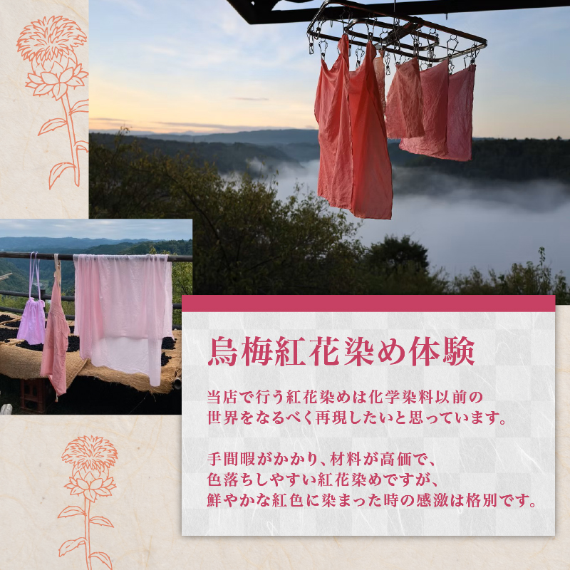 烏梅 紅花染め体験 タペストリーコース ランチ付き 染め体験 烏梅 タペストリー 家具 インテリア 染め ランチ 昼食 家庭料理 烏梅茶 お茶 お食事 食事 チケット 券 体験チケット 梅古庵 奈良県