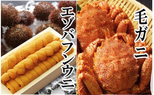 E-40021【12/14まで年内配送】 エゾバフンウニ140g×1折、毛ガニ300g前後～400g前後×2尾[11月下旬以降発送]