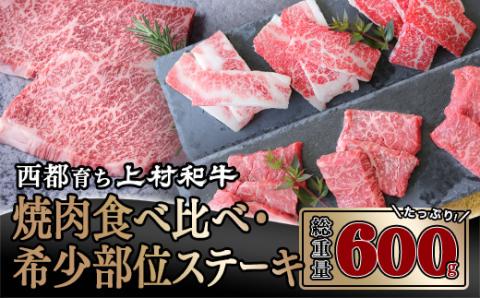 【カミチク 上村和牛】希少部位ステーキ＆食べ比べ焼肉セット600ｇ 黒毛和牛 4等級以上〈1.9-16〉