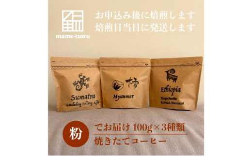 焼きたてコーヒー（粉）3種類 珈琲 豆 コーヒー 粉 焙煎したて 飲み比べ セット 明石市 兵庫