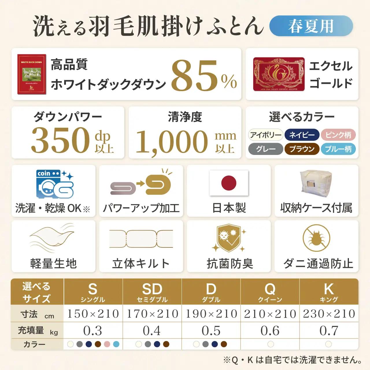 【春夏用】洗える羽毛布団 羽毛布団 ダブル 肌掛け 肌掛け布団 ダウン 夏 春 ホワイトダックダウン 85% 0.5kg (無地 アイボリー)
