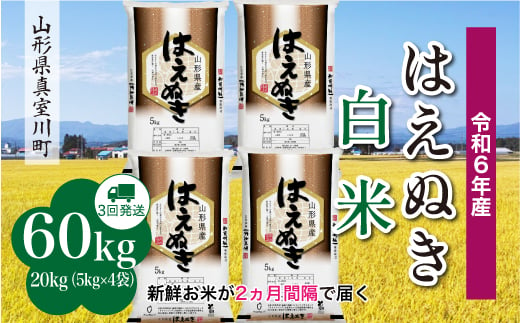 
            ＜配送時期が選べて便利な定期便＞ 令和6年産 真室川町厳選 はえぬき［白米］60㎏ 定期便（20kg×3回お届け）
          