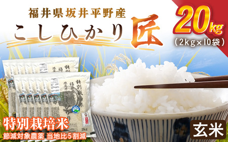 令和7年産 特別栽培米 コシヒカリ匠 20kg（2kg×10袋） 節減対象農薬当地比5割減【玄米】お米 コシヒカリ [I-2907_02]