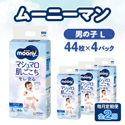 【ふるさと納税】【毎月定期便】ムーニーマン マシュマロ肌ごこちモレ安心 男の子 L 44枚×4パック全2回【配送不可地域：離島・沖縄県】【4075532】