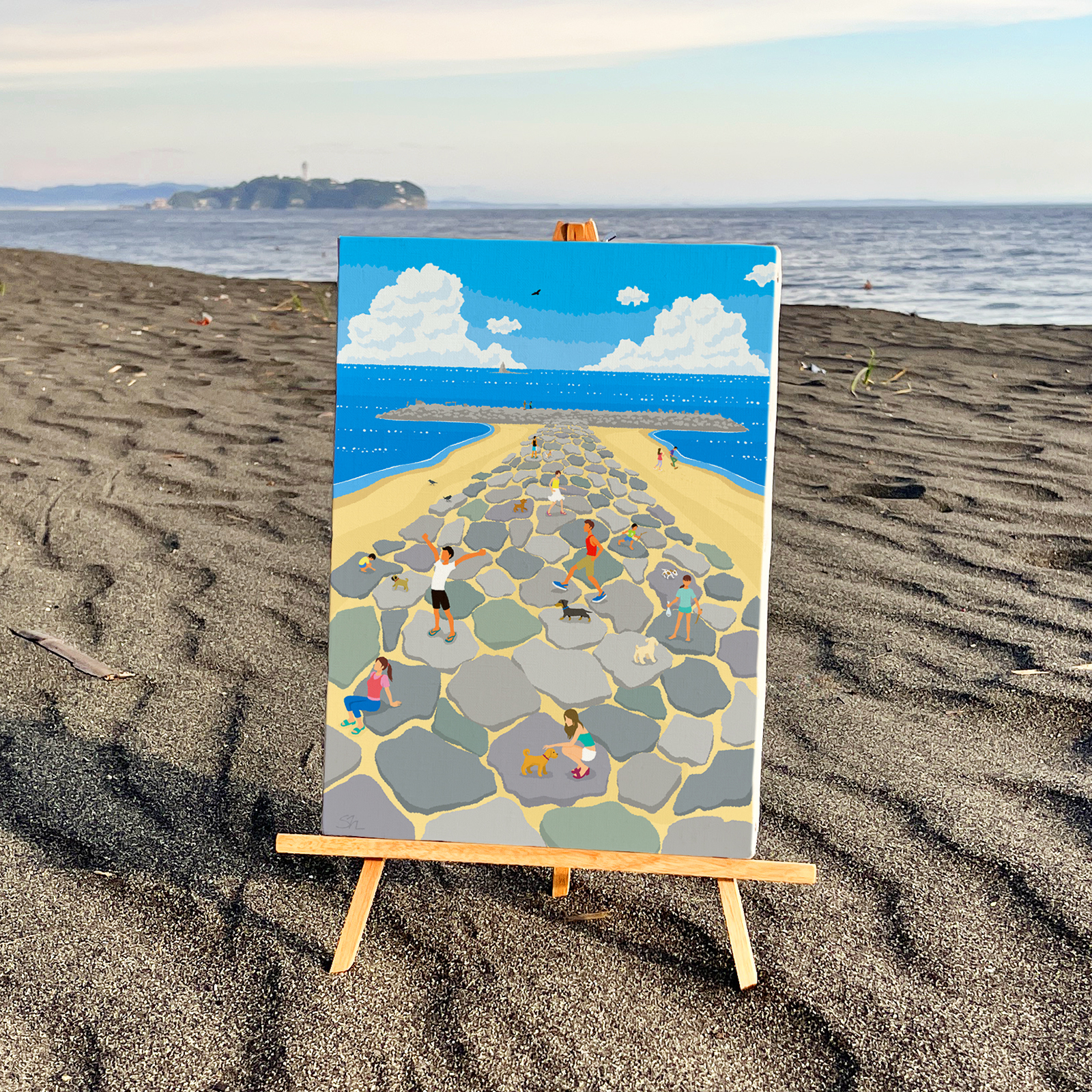 
            湘南・茅ヶ崎で描く、海を感じるイラストアート 『 湘南ランドスケープ03：茅ヶ崎　ヘッドランド 』　キャンバスアートパネル（中） /絵画 風景 犬 猫
          