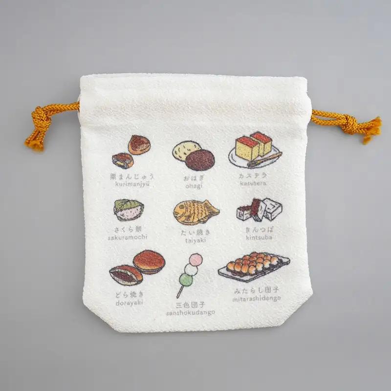 丹後ちりめん　にほんご巾着「wagashi（和菓子）」 サイズ：約13.5cm×17.5cm