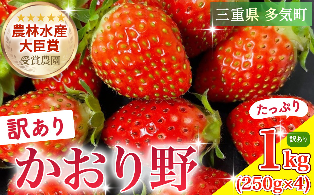 
            1kg (250g×4) 農林水産大臣賞受賞農園からお届けする【訳アリ】かおり野（小粒）/いちご イチゴ 苺 三重県 多気町 ISH-02
          