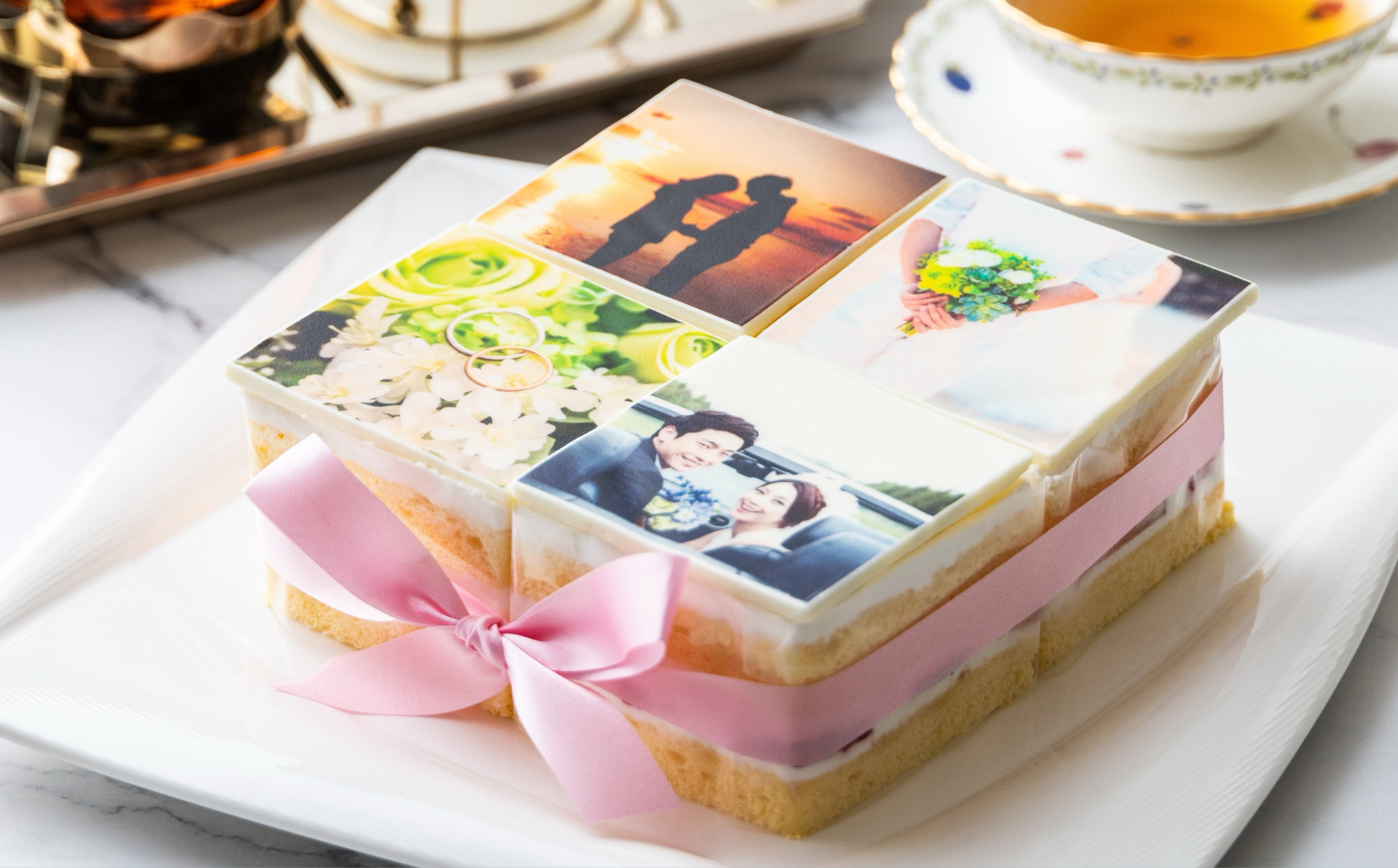 【スイーツ】お気に入りの写真をホワイトチョコにプリント！オリジナルの美味しいケーキを。 4ピース アルバムケーキ（文字なし）