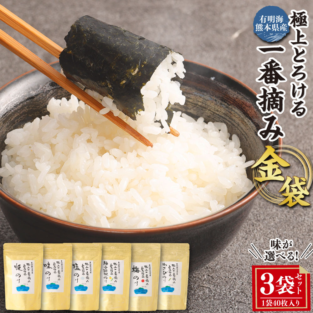 【ふるさと納税】＜選べる種類＞有明海熊本産 極上とろける一番摘み 金袋 焼きのり・味のり（無添加）・塩のり・柚子胡椒のり・梅のり・わさびのり 計120枚（40枚入×3袋） 海苔 のり 有明のり 味付けのり 味つけのり 味海苔 おにぎり ご飯のお供